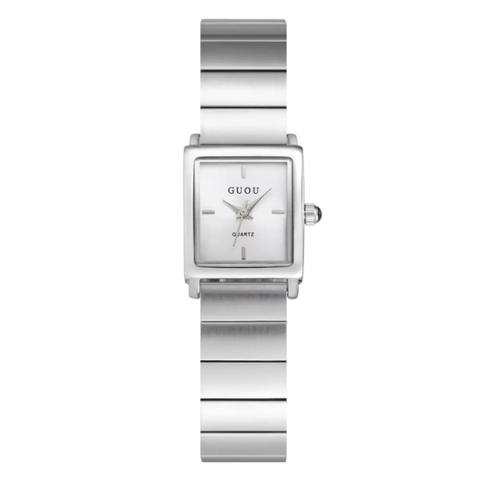 Timeless Modern: White Rectangular Dial Watch with Silver Stainless Steel Bracelet