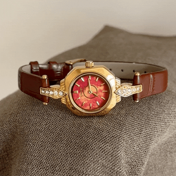Aura Curve - Fashion Classic Brown Gold Case Red Dial Ladies Quartz Watch with Sculpted Oval Dial