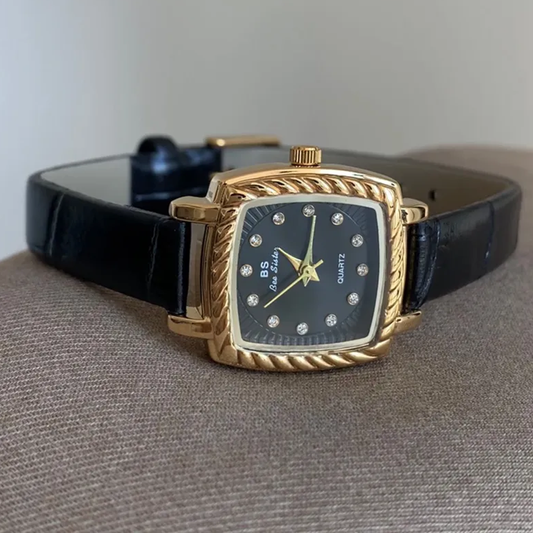 Vintage Noir Timepiece: Black and Gold Square Quartz Watch