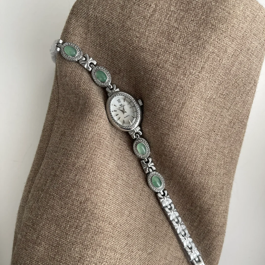 Green Jade Inlay Classic Silver Bracelet Ladies Quartz Watch