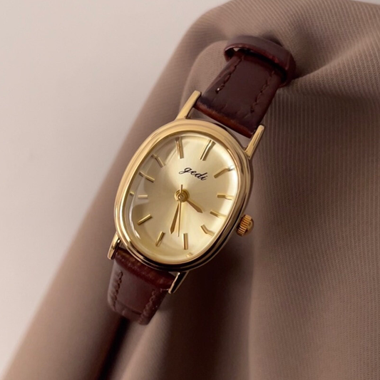 Autumn Muse – Women’s Oval Gold Watch with Brown Leather Band