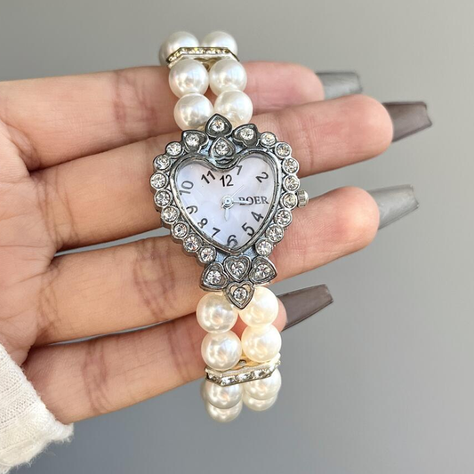 Elegant Pearl Timepiece: Classic Heart Quartz Watch