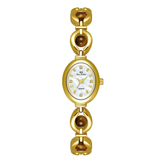Light Luxury Art White Oval Tiger's Eye Bracelet Watch – Gold Quartz Timepiece