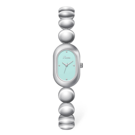 Silver Beaded Bracelet Quartz Watch for Women – Oval Blue Dial, Elegant & Chic