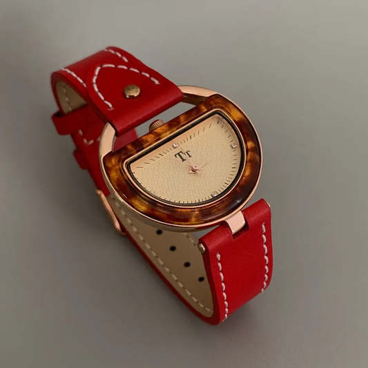 Amber Crescent Timepiece: Angora Red Half-Moon Quartz Watch