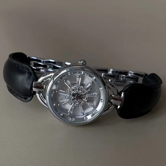 Silver Snowfall Timepiece: Black and Silver Leather Quartz Watch