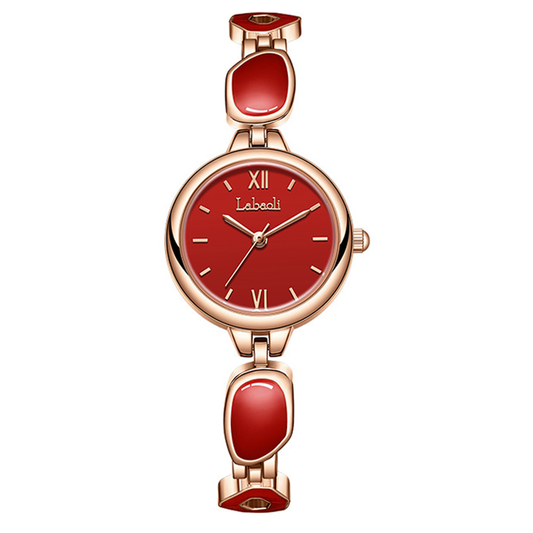 Roselle Gem – Elegant Rose Gold Bracelet Women’s Quartz Watch with Red Stone-Set Round Dial