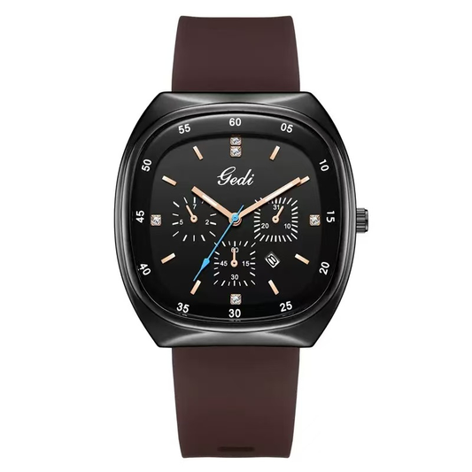 Urban Cool Elegant: Schwarze Uhr mit quadratischem Zifferblatt, schwarzer Lünette und braunem Silikonarmband