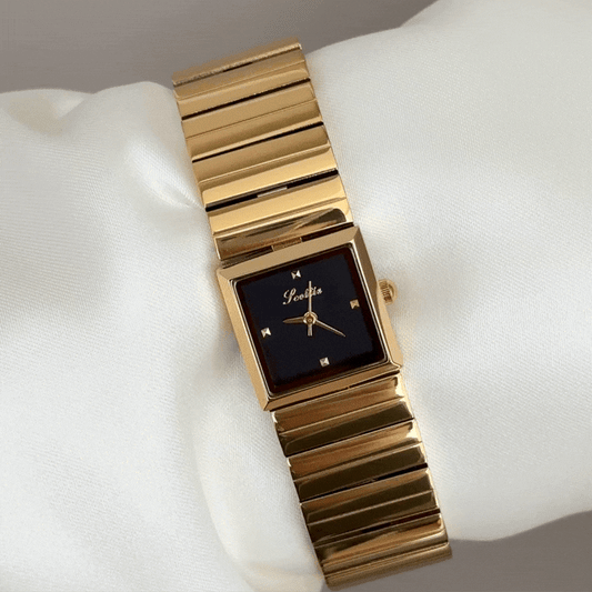 Bold Statement: Black Square Dial Watch with Gold Stainless Steel Bracelet
