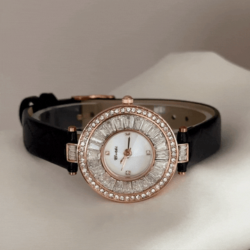 White Diamond Dial Statement Watch with Rose Gold Crystal Bezel & Vegan Leather Strap