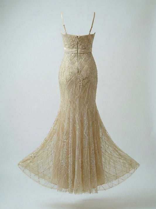 Gilded Champagne Crystal Embellished Gown | Luxury Heavy-Beaded Evening Dress