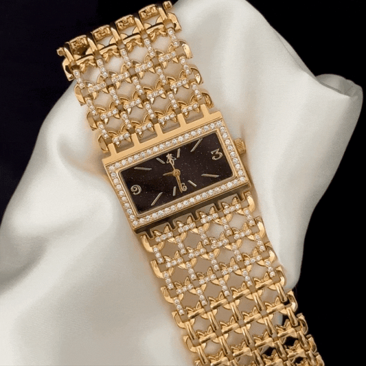 Modern Full Crystal Watch - Black Dial Gold Wide Bracelet Quartz