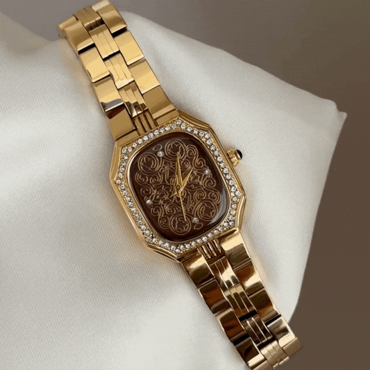 Art Deco Brown Square Dial Watch – Gold Crystal Quartz Bracelet