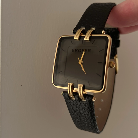 Chic Luxe Timepiece: Black Dial Square Leather Watch