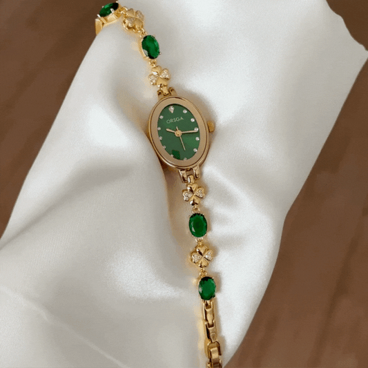 Vintage Green Oval Diamond Dial Gold Bezel Watch - Emerald & Alloy Bracelet
