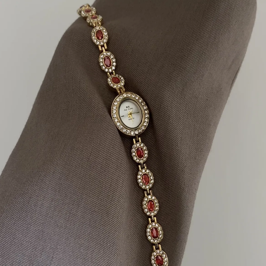 French Elegance Timepiece: Pomegranate Red Zircon Bracelet Watch