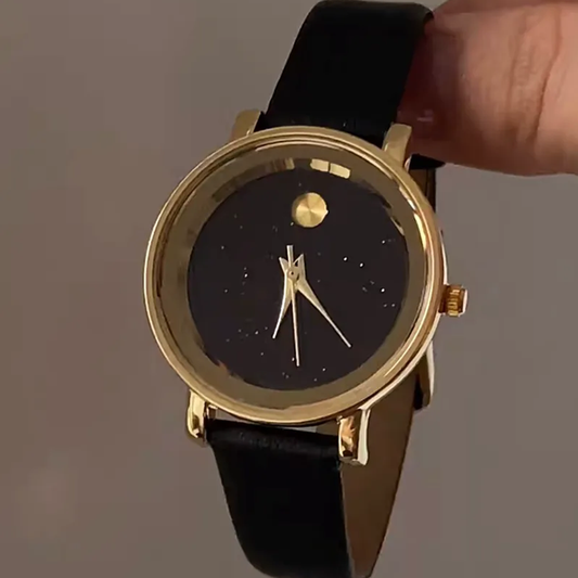 Obsidian Gold Timepiece: Black and Gold Leather Watch