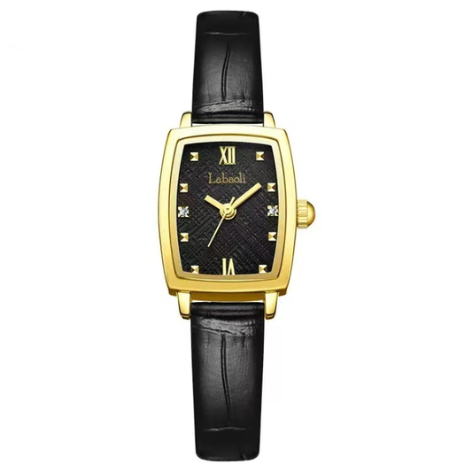 Professional Edge: Black Rectangular Dial with Gold Accents & Genuine Leather Strap