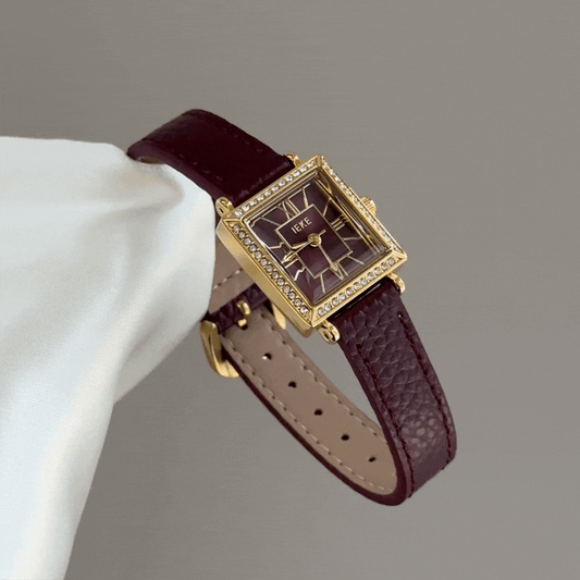 Vintage Opulence:Burgundy Square Dial Watch – Gold Square Case & Burgundy Leather Band Quartz