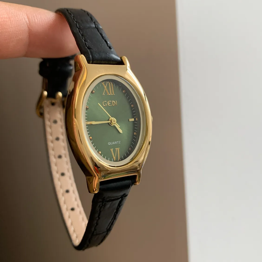 Vintage Charm: Oval Green Dial & Black Leather Gold Case Quartz Watch