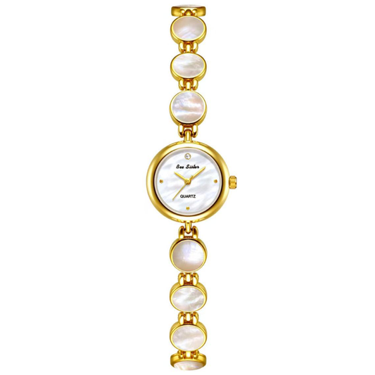 Elegant Gold-Tone Watch with White Mother-of-Pearl Dial & Alloy Bracelet