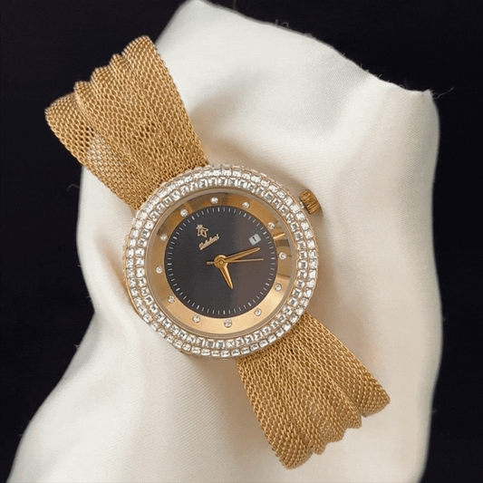 Feminine Elegance Black Round Dial Butterfly Mesh Watch - Gold Crystal Quartz Bracelet