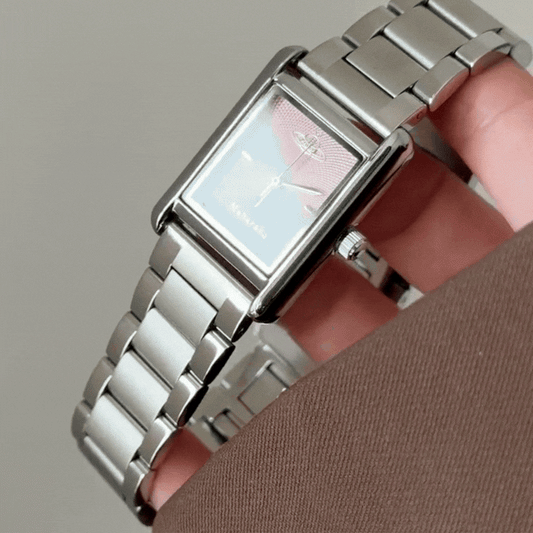 Minimalist Chic: Pink Rectangular Dial Watch with Silver Stainless Steel Bracelet