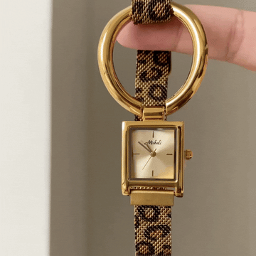 Safari Edge: Gold Square Dial Watch with Brown Magnetic Leopard Strap