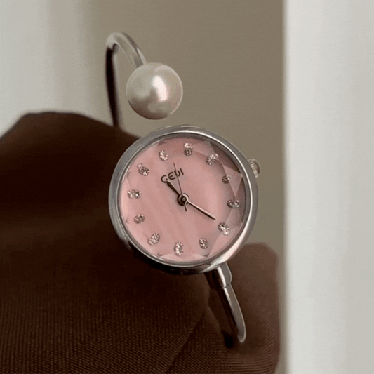 Women's Quartz Watch – Pink Mother-of-Pearl Round Dial with Pearl Bracelet Design