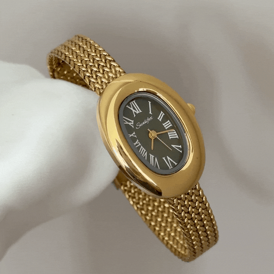 Inspired Elegance: Green Oval Dial Watch with Gold Wheat Pattern Stainless Steel Bracelet