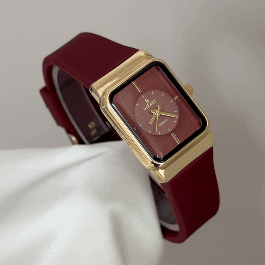 Dynamic Red: Red Rectangular Dial Watch with Gold Bezel & Red Silicone Strap
