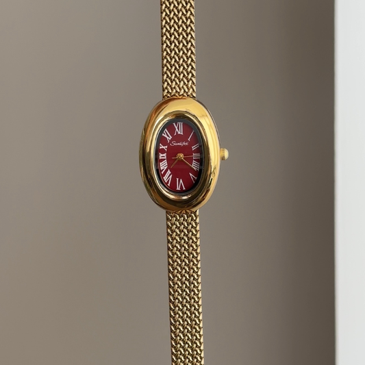 Graceful Style: Red Oval Dial Watch with Gold Wheat Pattern Stainless Steel Bracelet