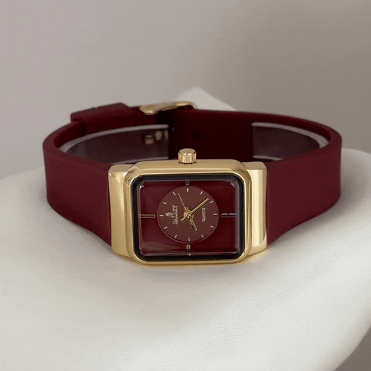 Dynamic Red: Red Rectangular Dial Watch with Gold Bezel & Red Silicone Strap