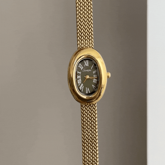 Inspired Elegance: Green Oval Dial Watch with Gold Wheat Pattern Stainless Steel Bracelet