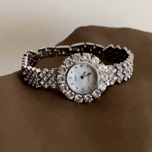 Silver Round Watch for Women – Full Crystal Bezel & White Mother-of-Pearl Dial | Snowlight