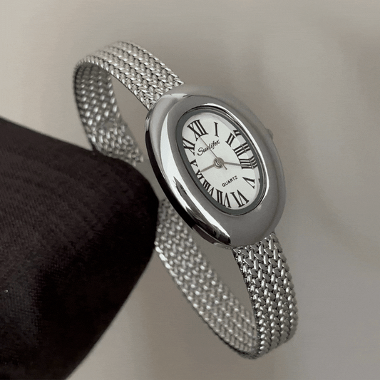 Natural Elegance: White Oval Dial Watch with Silver Wheat Pattern Stainless Steel Bracelet