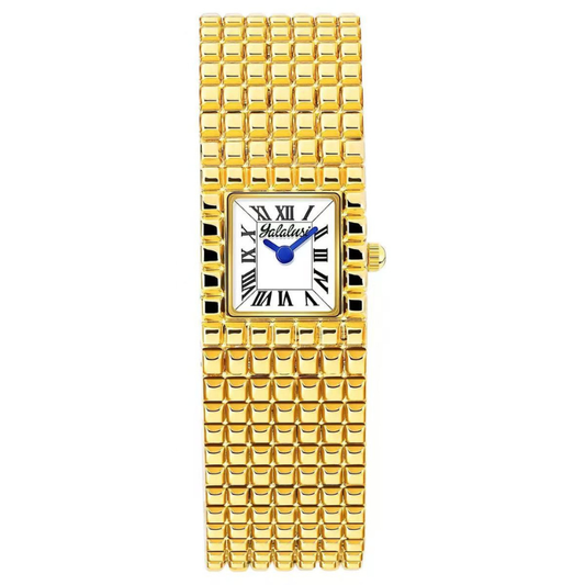 Modern Architectural: White Rectangular Dial Watch with Gold-Tone Bezel & Stainless Steel Bracelet