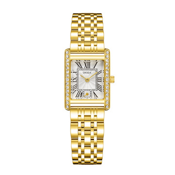 Gold Women's Watch – Rectangular White Dial with Roman Numerals and Crystal Bezel | Florence