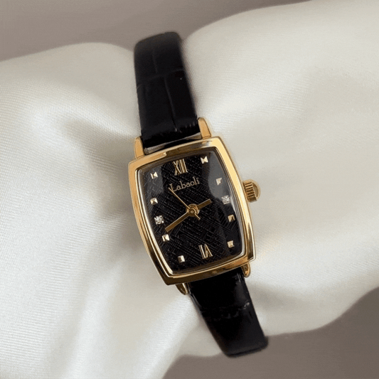 Professional Edge: Black Rectangular Dial with Gold Accents & Genuine Leather Strap