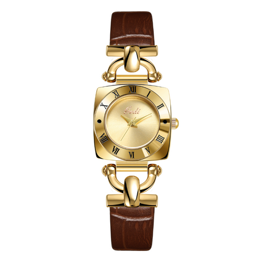 Vintage Rouge Timepiece: Brown Leather Gold Case Watch