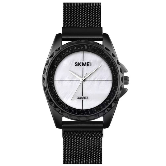 Minimalist Elegance: White Mother-of-Pearl Round Dial Watch with Black Bezel & Black Stainless Steel Bracelet