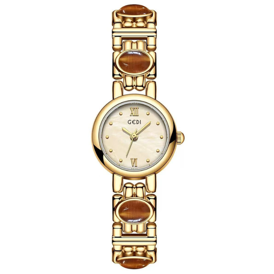 Gilded Warmth: Gold Round Dial Watch with Brown Gemstone Alloy Bracelet