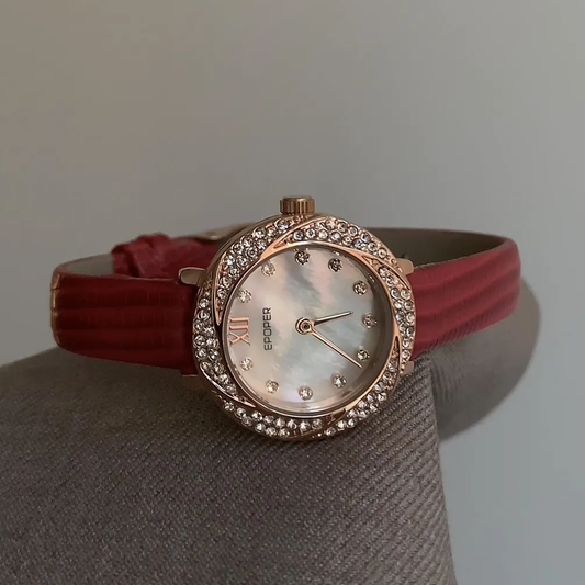 Elegant Luxury: Red Leather Diamond-Mother of Pearl Round Dial Watch