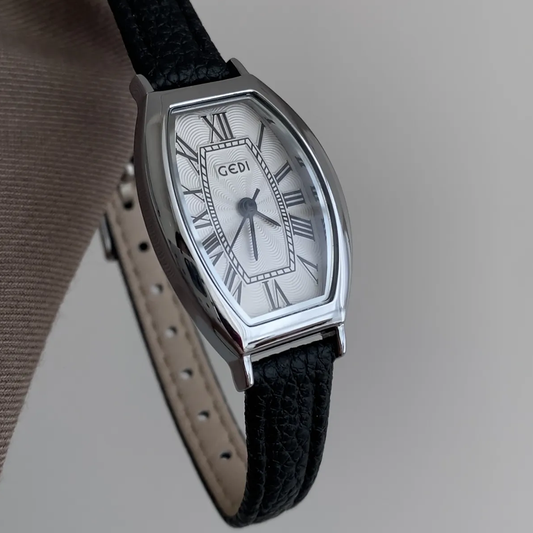 Élan Tonneau – White Dial Watch with Black Leather Strap