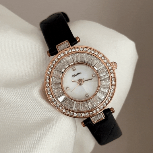 White Diamond Dial Statement Watch with Rose Gold Crystal Bezel & Vegan Leather Strap