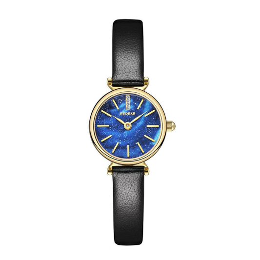 Classic Gold Case Watch with Navy Blue Dial and Black Genuine Leather Strap