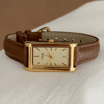 Elegant Square Watch with Gold Dial & Brown Genuine Leather Strap