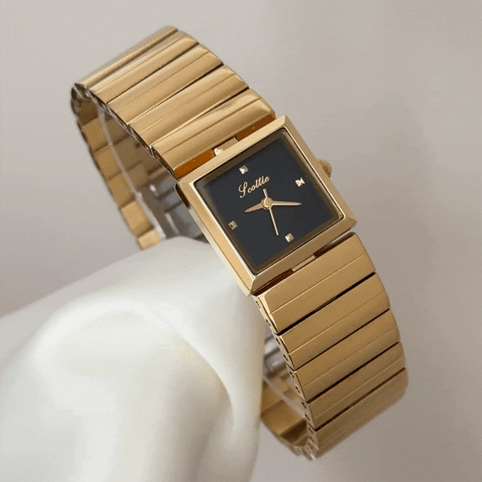 Bold Statement: Black Square Dial Watch with Gold Stainless Steel Bracelet