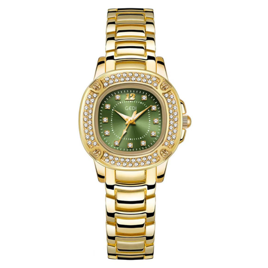 White Gemstone Bezel Retro Watch with Green Dial and Gold-Tone Bracelet