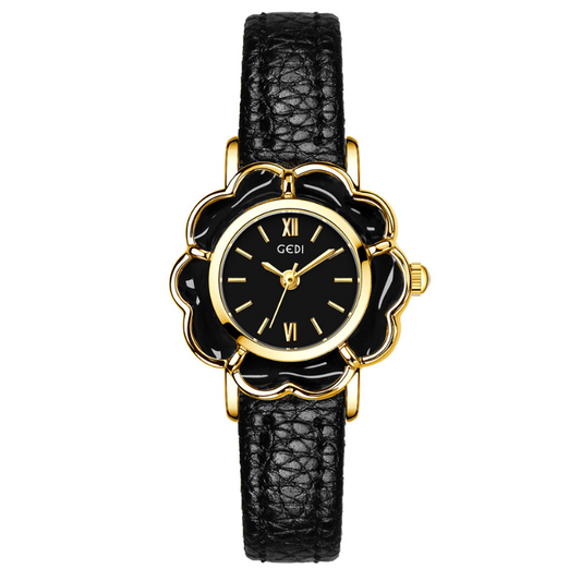Camellia Bloom – Gold Tea Flower Watch with Black Leather Strap